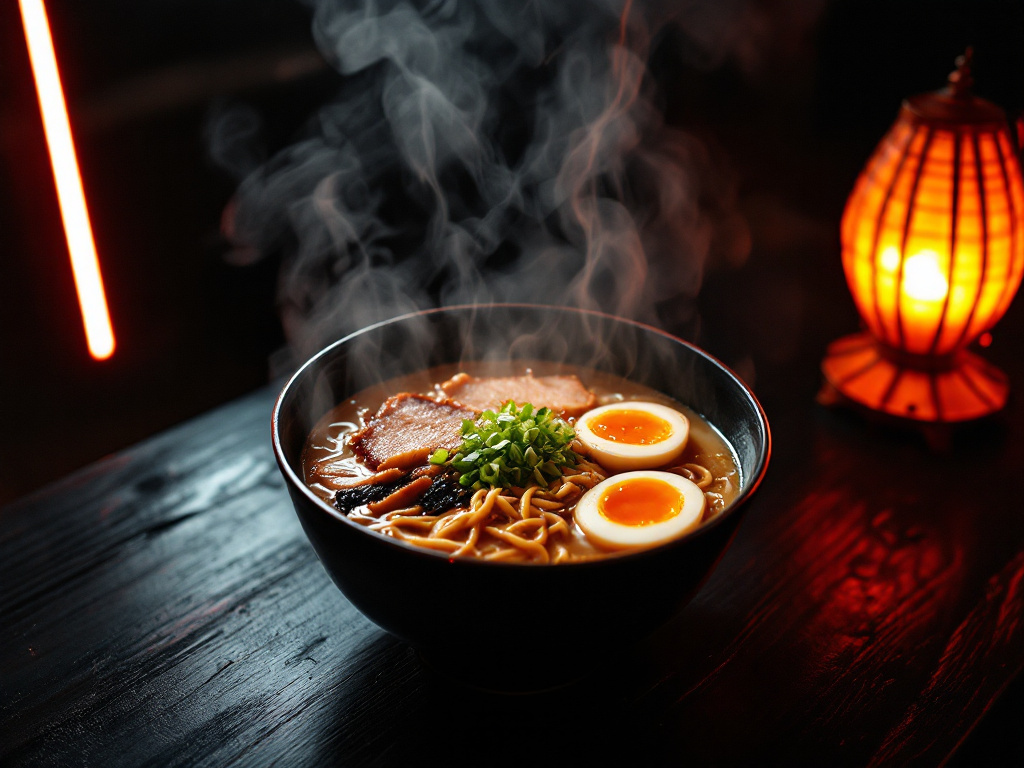 Tonight's bowl of ramen steaming on a dark counter under red neon light