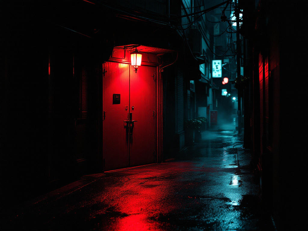 An unmarked red door in a dark alley, lit by a single red lantern