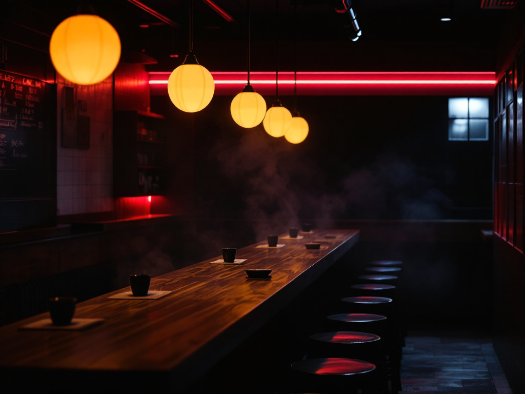 An empty twelve-seat ramen counter lit by amber pendant lights at midnight